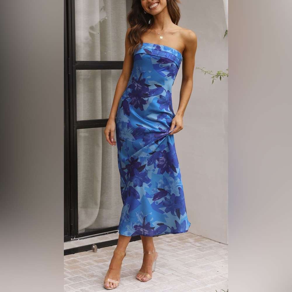 Toperth Satin Flower Folded Over Bust Midi Dress